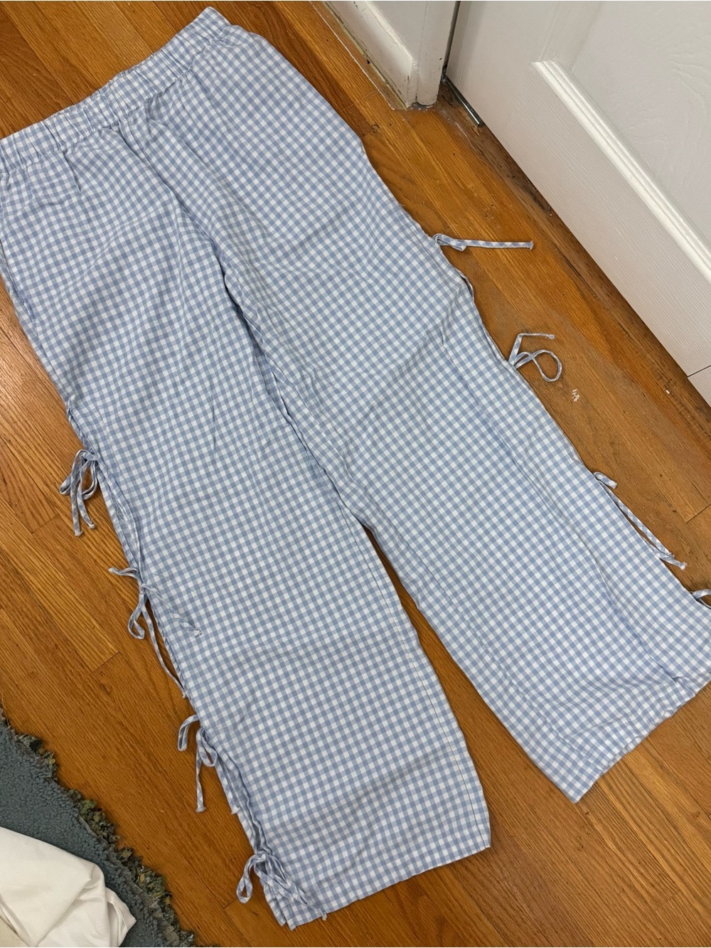 Sincerly Jules Light Blue Gingham Tie-Side Straight Leg Pants